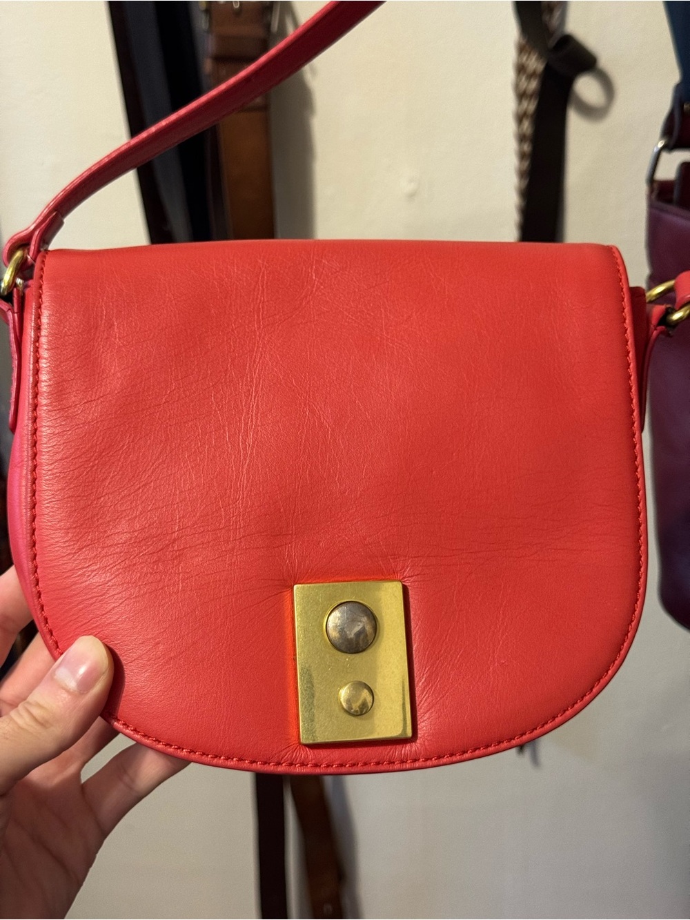 J. Crew Red Leather Crossbody Flap-top Bag with Push-Button Lock Closure